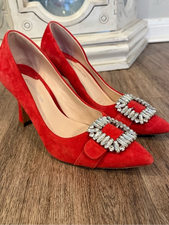 ANTONIO MELANI Shoes - Antonio Melani Siendra Heels Suede Red Rhinestone Buckle Pointed Holiday Sz 7.5